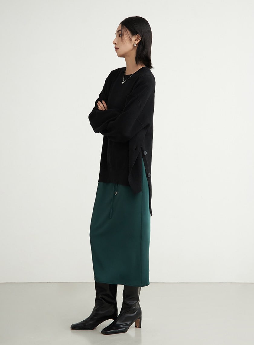 寬鬆開衩長袖針織上衣